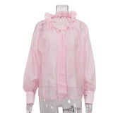  MQTIME  -  Lotus Leaf Collar Lace-up Women's Shirt Spring New Temperament Fashion Versatile Long-sleeved Top