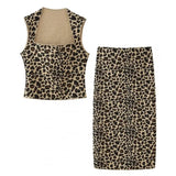 MQTIME  -  Women 2 Piece Set Leopard Print Sexy Sleeveless Bustier Crop Top Vintage High Waist Slim Midi Skirt Casual Commuting Wear