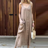 MQTIME  -  Elegant V Neck Loose Suspender Dress Lady Vintage Linen Sleeveless Pocket A-line Dress Leisure Sleeveless Irregular Solid Robes