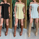 ﻿ MQTIME  -  Street Women Slash Neck Halter Ribbon Ruched Mini Dress 2025 Fall Evening Sexy Party Beach Vacation Dresses Vestidos