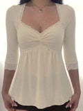  MQTIME  -  Summer Temperament Solid V Neck Half Sleeve Lace Patchwork Folds Casual Women's T-shirts