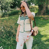 MQTIME  -  New Trendy Womens Striped Knit Two Piece Set Lapel Hollow Out Short Sleeve Top with Skirt Fashion Summer Outfit