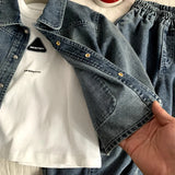  MQTIME  -  Set Spring and Summer New Childrens Clothing Korean Style Boys and Girls Cool Cool White Denim Two-piece Set Simple