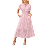 MQTIME  -  Summer New Women Short Sleeved Long Dress Trendy V-Neck Hollow Eyelets Ruffle Hem A-Line Dresses Pockets Female Vestidos