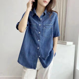 MQTIME  -  Women's Denim Shirt Summer Short Sleeve Loose Single Breasted Blouse Casual Cotton Jean Shirt Tops For Ladies