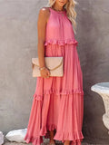 MQTIME  -  Women Boho Solid Color Dress Sleeveless Ruffled Maxi Vestidos Loose Fit Straight Hippie Dresses Layered Princess Robe