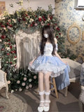 MQTIME   - Summer New Design Sense Lolita Laminated Tutu Dress Strap Square Collar Lace Bow Waisted Sweet Large Skirt Dress