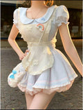 MQTIME  -  Coquette Sweet Kawaii Peter Pan Collar Apron Dress Set Women Lace Bow Ruffle Hem Ruched Waist Slim Fit Mini Dress Casual Outfit