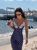 MQTIME  -  Sexy Lace Patchwork Polka Dot Dress Women Deep V-neck Sleeveless High Waist Slim Midi Sling Dresses Summer Lady Party Robes