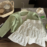 MQTIME  -  Korean Spring Children Girl 2pcs Clothes Set Cartoon Sling Top Solid Ribbed Knitted Cardigan Floral Print Pant Baby Girl Outfits