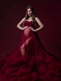 MQTIME  -  Red Tulle Maternity Dress for Photoshoot Off Shoulder Pregnancy Gown Christmas Fluffy Ruffled Robe Vestido Para Grávida