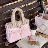 MQTIME  -  Sweet Utility Tote, Plush Deer Spot Bag With Lace Bow, Lolita Style Large Capacity Crossbody, Brown Pink Soft Shoulder Bag