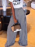MQTIME  -  Women's High Waist Wide Leg Pants 2025 New Fashion Houndstooth Loose Urban Casual Full Length Trousers For Office Ladies