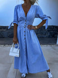 MQTIME  -  Summer New Sexy V-neck Women Long Dress Fashion Button Female Slim Denim Dresses
