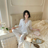 MQTIME  -  Spring New Lace Pajamas Suit Princess Style Nightwear  Rayon Stain Solid Long Sleeve Deep V-Neck Home Clothes