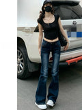 MQTIME  -  Retro Deep Blue Denim Jeans Women's Spring Slim Fit Elastic Micro Flared Pants Small Stature Casual Low Waist Long Trousers