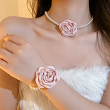 Mqtime Romantic Pink Rose Flower Necklace Bracelet Jewelry Set Elegant Imitation Pearl Chain Choker Necklaces Bangles For Party Wedding