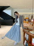 MQTIME  -  White Blue Plaid Skirt Cotton Midi Long Skirts Pleated A-line Women Summer#e-girl fairycore 2000s vintage aesthetic korean cloth