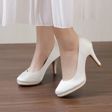 MQTIME  -  White Satin Round Toe High Heels Comfortable Work Shoes Platform Wedding Pumps Women Size