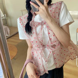 MQTIME  -  Polka Dot Gauze Tops Lace Bow Design Waistcoat White Short-sleeved T-shirt Fold Wear Tees Summer Sweet Fashion Camisas