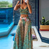 MQTIME  -   Vintage Pattern Printed Summer Holiday Set Sexy V-neck Strap Top and Long Pants Women's Suits Bohemian Sleeveless Casual Outfit
