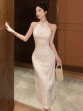 MQTIME  -  Woman Dress Vintage Sleeveless Stand Collar Elegant Slim Split Summer Fashion Temperament Ladies Party Dress Ladies