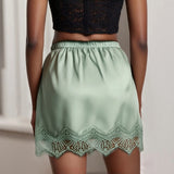 MQTIME  -  Women Satin Silk Floral Lace Hem Trimmed Mini Skirt Y2k Elastic Waist Slip Short Skirt Summer Going Out Club Skirts