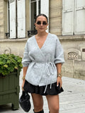 MQTIME  -  Women's Elegant V-neck Lace Up Cardigan Long Sleeved Solid Color Loose Knit Sweater Autumn Winter New Lady Street Knitwear 2024