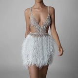 MQTIME  -  Spring Summer New Vestidos Elegant Strap V-neck Women Dresses Sexy Feather Female Banquet Evening Dress