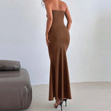 MQTIME  -  Trendy Skinny Metal Buckle Hollow Out Party Gown Sexy Strapless Twist Solid Evening Dress Elegant Lady Sleeveless One-piece Robe