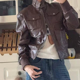 MQTIME  -  Short Punk Biker Jacket Women Stylish High Street Zip Up Faux Leather Cropped Coat