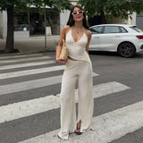 MQTIME  -  Sexy Knit Halter Top Pant Sets Women Asymmetric Backless Sleeveless Crop Vests Wide Leg Pants 2025 Summer Lady Holiday Outfits