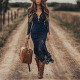 MQTIME  -  Women Long Sleeve Floral Lace Bodycon Maxi Dress Sexy V Neck See Through Sheer Beach Vacation Dress Elegant Cocktail Party Dress