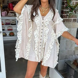 MQTIME  -  Woman 2025 Spring V Neck Single Breasted Shirt Dress Sexy Splicing Print Ruffle Mini Dress New Summer Casual Loose Short Dresses
