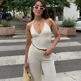 MQTIME  -  Sexy Knit Halter Top Pant Sets Women Asymmetric Backless Sleeveless Crop Vests Wide Leg Pants 2025 Summer Lady Holiday Outfits