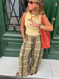 MQTIME  -  Vintage Green Plaid Long Straight Loose Pants For Women Causal High Waist Trousers Autumn New Women Pants Streetwear