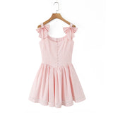 MQTIME  -  Sexy Pink 3D Bow Strap Tank Dress Women Slim Low Waist Spliced Lace Pleated Hem Ball Gown Sling Dresses Short Party Robe