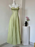 MQTIME  -  Sexy Spaghetti Strap Square Neck Ruffles Design Long Dress Women Matcha Sleeveless A-line Dresses Elegant Evening Party Gowns