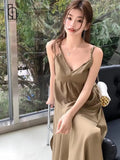 Mqtime Spring Summer New Suspender Dress Women's Long V-neck Split Dress Fashion Casual Long Beach Dress