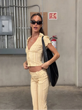 MQTIME  -  Women Striped 2 Piece Matching Set Beige Short Sleeve Deep V Crop Flare Pants Sexy Retro Outfit Summer Beach Street Chic Wear
