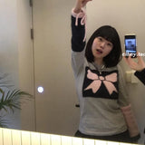 Mqtime Y2K Vintage Bow Embroidery Lace-up Long-sleeved T-shirt Women Autumn New Korean O-neck Contrast Color Patchwork Casual Tops