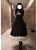 MQTIME  -  French Elegant Princess Summer Bow Lace Ruffle Off Shoulder High Waist Big Swing Black White Dress Women Girls Party Daily Wear