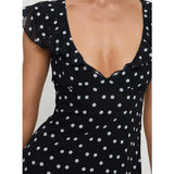 MQTIME  -  Luxury Women Casual Dot Print Short Dress Lace Slim V Neck Flying Sleeve A-line Mini Dress for Daily Party Club