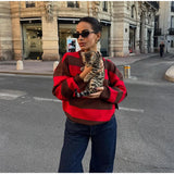 MQTIME  -  Striped Knit Pullover Women Polo Collar Half Single Breasted Long Sleeves Sweater Female Winter Chic Fashion Knitwears