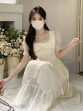 MQTIME  -  Women Dresses Square Collar Bow Bandage Ribbon Puff Short Sleeve Bow Princess Sweet Elegant Female Dress Casual