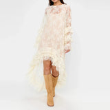  MQTIME  -  Embroidery Lace See-through Ruffle Irregular Dress Women Spring O Neck Hem Long Dress Elegant Long Sleeve Party Maxi Dress Mujer