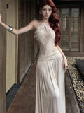 MQTIME  -  Women Strap Dress Spring Backless Waist Tied Maxi Dress Women's Lace Paneled Summer Elegant Slim Fit Slip Dress