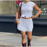 MQTIME  -  Casual Ruched Shirt Skirt Sets Women O-neck Short Sleeve Crop Blouses Spliced A-line Skirts 2025 Summer Lady Vacation Outfits