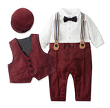 MQTIME  -  Baby Boy Formal Suit  Party Birthday Wedding Toddler Boys Outfit  Jumpsuit+Waistcoat+Beret+Bowtie+Suspender 0-3 Months