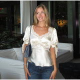 MQTIME  -  Women's Elegant Satin Blouse Top with Lace Trim Puff Sleeve Square Neck Tie Cuff Sweetheart Neckline Casual Office Lady Clubwear